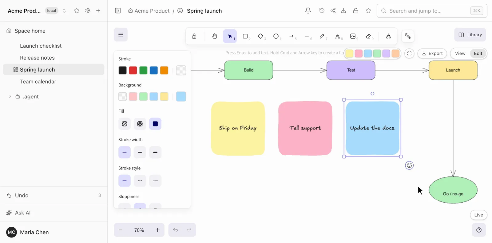 A Folio board in Edit mode: a yellow, a pink and a blue sticky note under a flow of boxes, with the six-color note palette at the top right