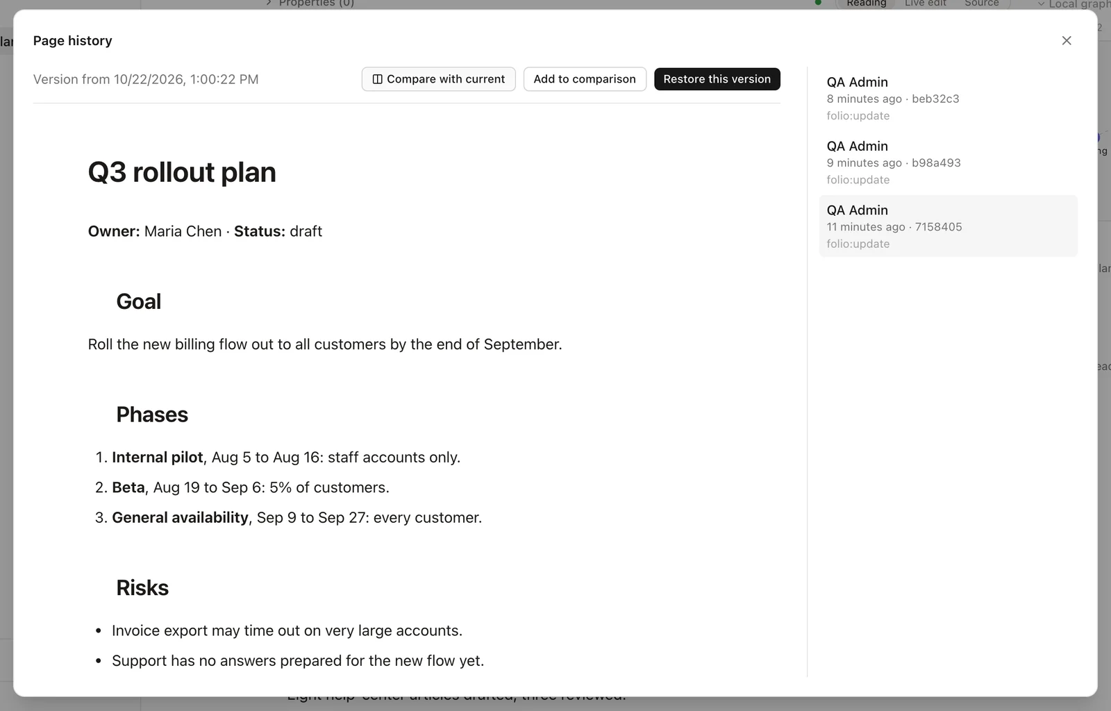The Folio page history window showing a version of Q3 rollout plan with the buttons Compare with current, Add to comparison and Restore this version, and a list of three saved versions on the right