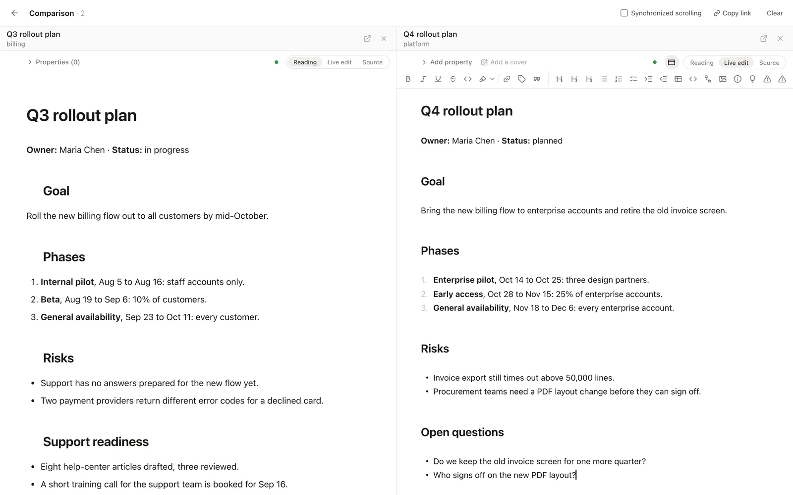 Two Folio pages side by side under a Comparison bar: Q3 rollout plan on the left in reading mode and Q4 rollout plan on the right in Live edit mode with a formatting toolbar and a new list item being typed