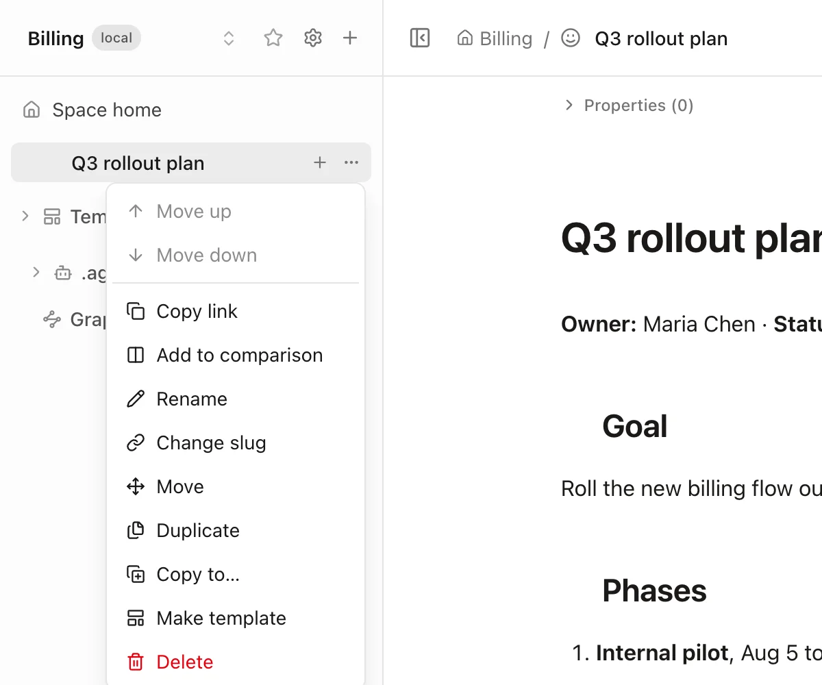 The Folio sidebar context menu on a page called Q3 rollout plan, with Copy link, Add to comparison, Rename, Change slug, Move, Duplicate, Copy to, Make template and Delete