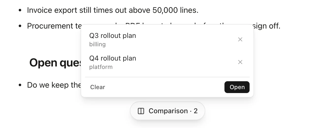 The Folio comparison chip opened over a page, listing Q3 rollout plan from the billing space and Q4 rollout plan from the platform space, with Clear and Open buttons