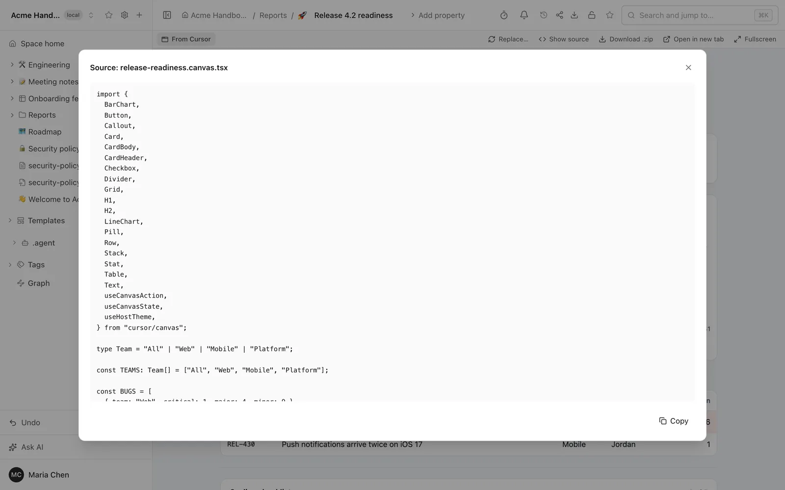The Show source window of a Folio artifact page, headed Source: release-readiness.canvas.tsx, with the first lines of the original canvas file that import components from the cursor canvas module