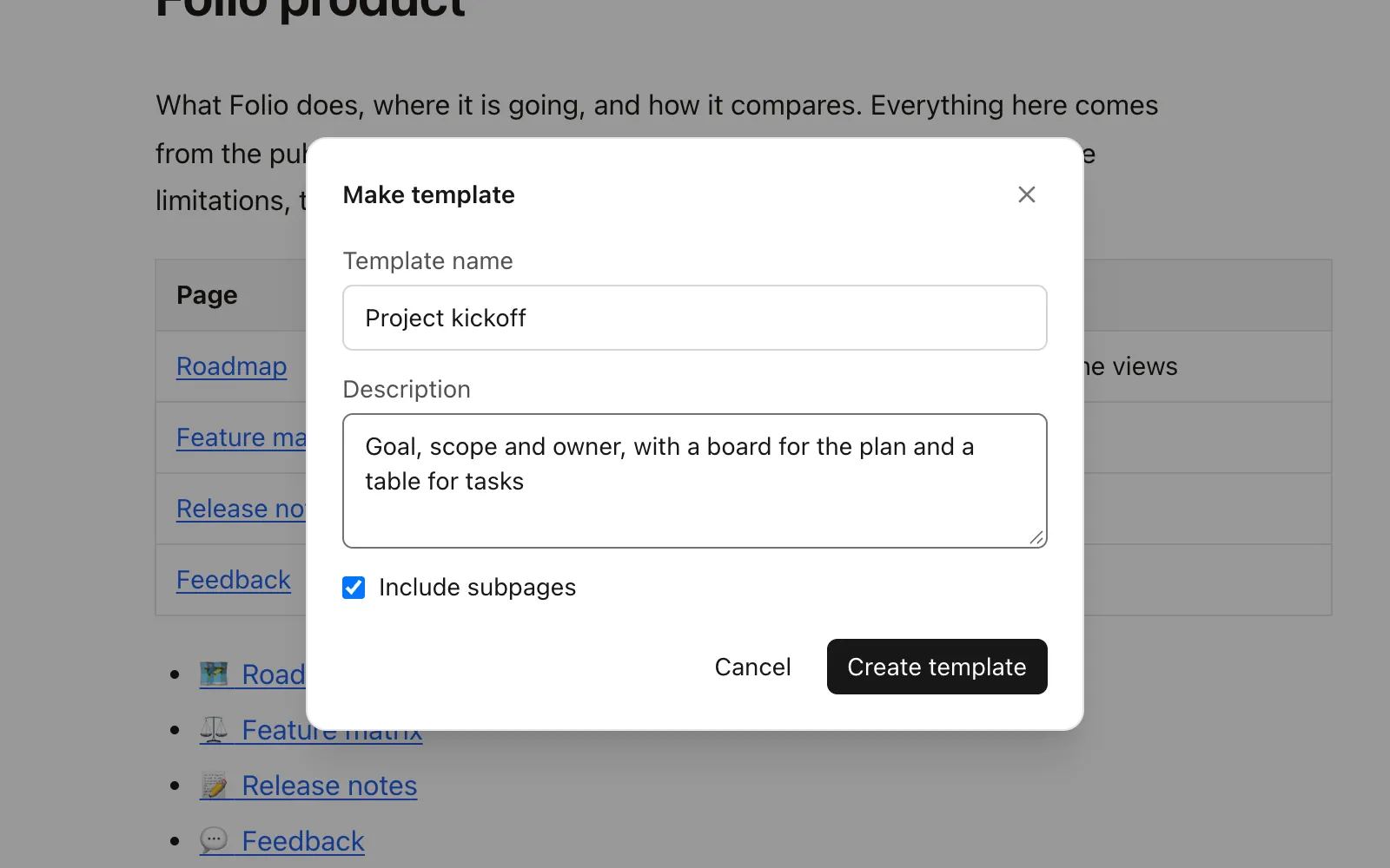 The Make template dialog in Folio, with the name Project kickoff, a one-line description and a ticked Include subpages box over a Folio page