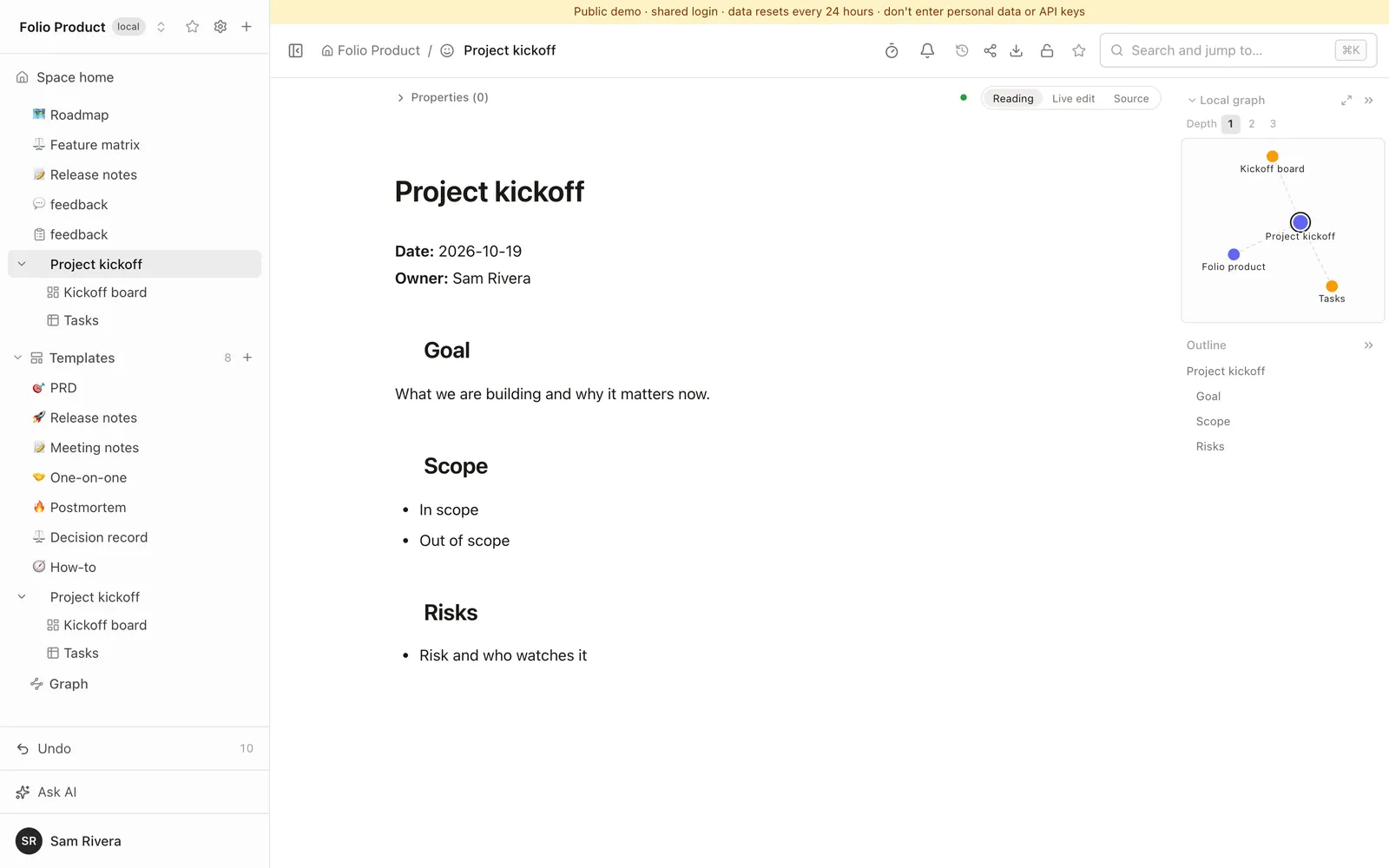 A page created from the Project kickoff template, with today's date and the name Sam Rivera filled in, and the board and table copied as subpages in the sidebar