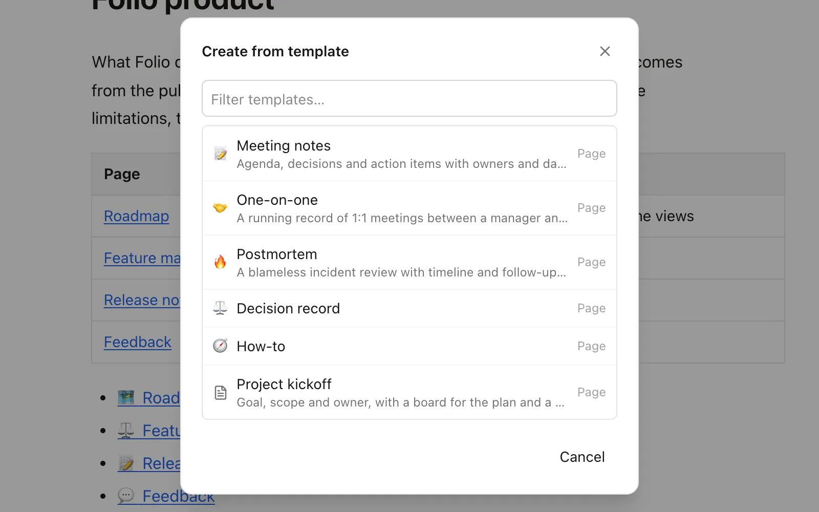 The Create from template window in Folio listing Meeting notes, One-on-one, Postmortem, Decision record, How-to and Project kickoff, most with a one-line description