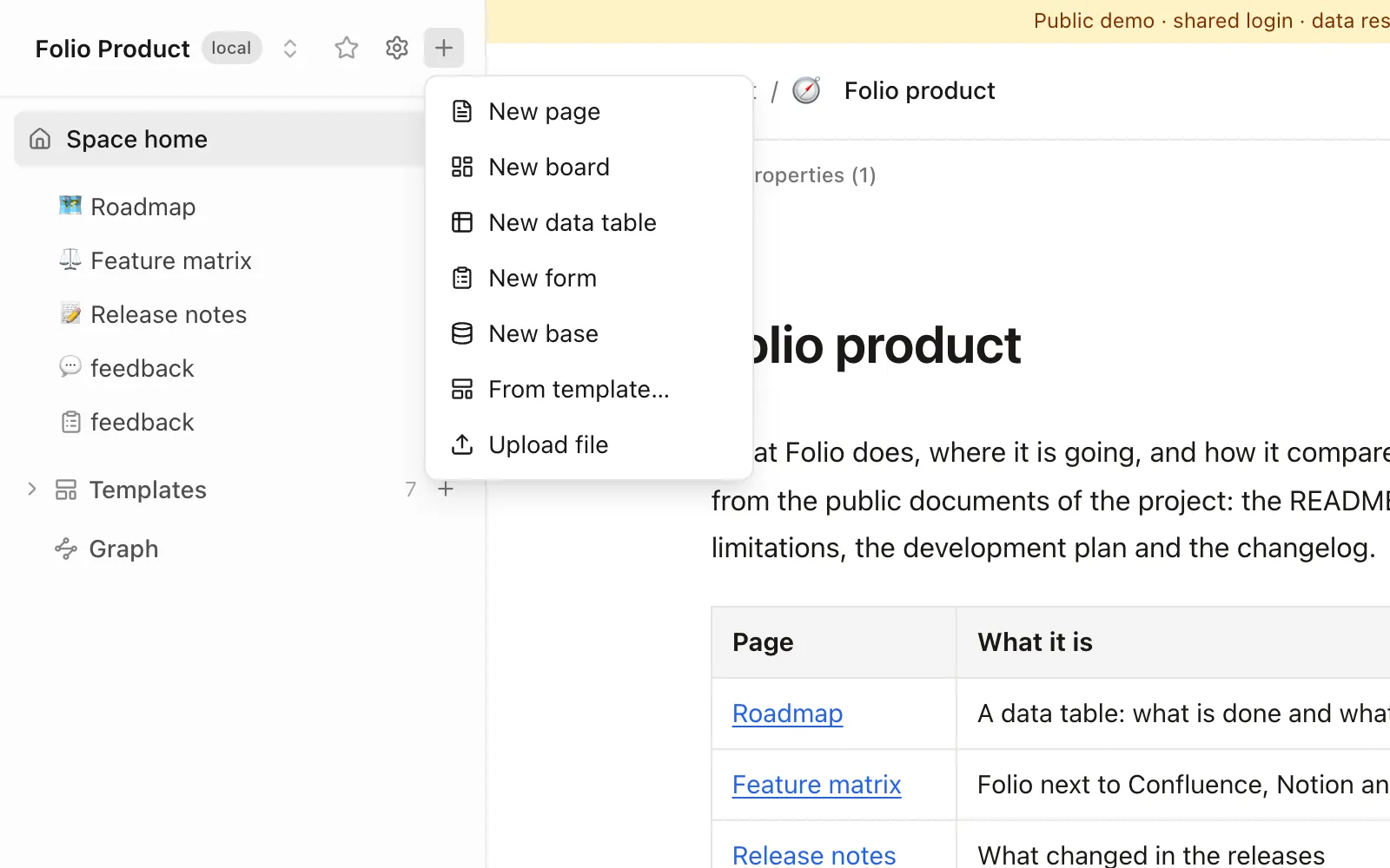 The plus menu in the Folio sidebar with New page, New board, New data table, New form, New base, From template and Upload file