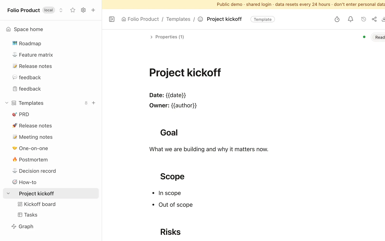The Folio sidebar with the Templates section open: eight templates and a Project kickoff template expanded to show a board and a table, with the Template badge in the breadcrumbs of the open page