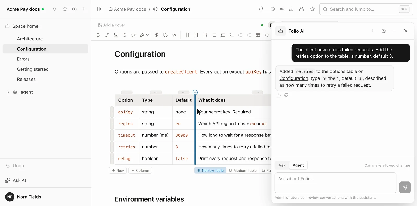 Folio AI in Agent mode answering that it added a retries option to the options table on the Configuration page, with a link to the page and the new row visible in the table