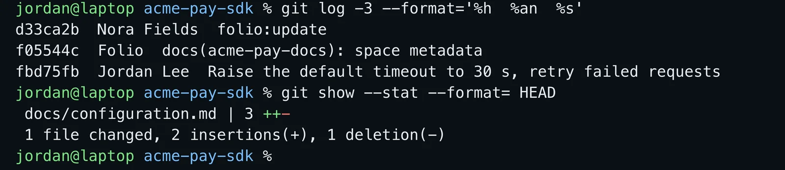 Terminal output of git log showing a commit named folio:update by the technical writer Nora Fields above a developer's commit, and git show stat listing one changed file, docs/configuration.md