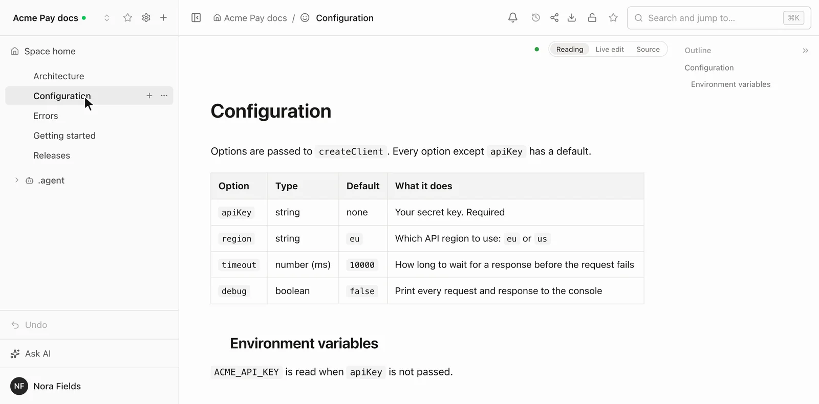 A Configuration page of the example SDK docs in Folio in Reading mode, with the Reading, Live edit and Source switch at the top right and a table of client options