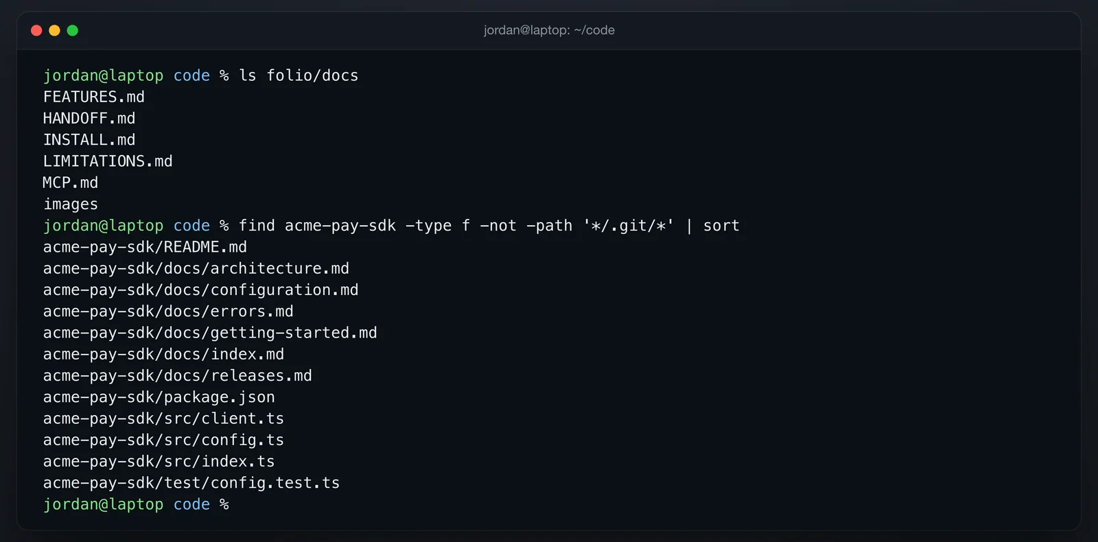 A terminal listing the docs folder of the Folio repository and the files of an example SDK repository, with Markdown pages in docs next to the source code in src
