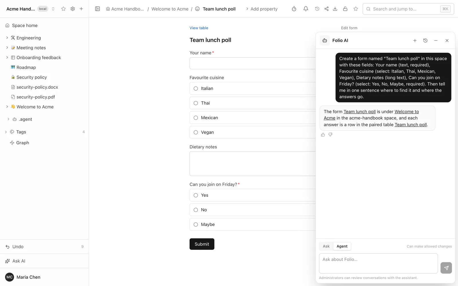 Folio AI in Agent mode, asked to create a Team lunch poll form with four fields, answering with links to the new form and the paired table, next to the finished form