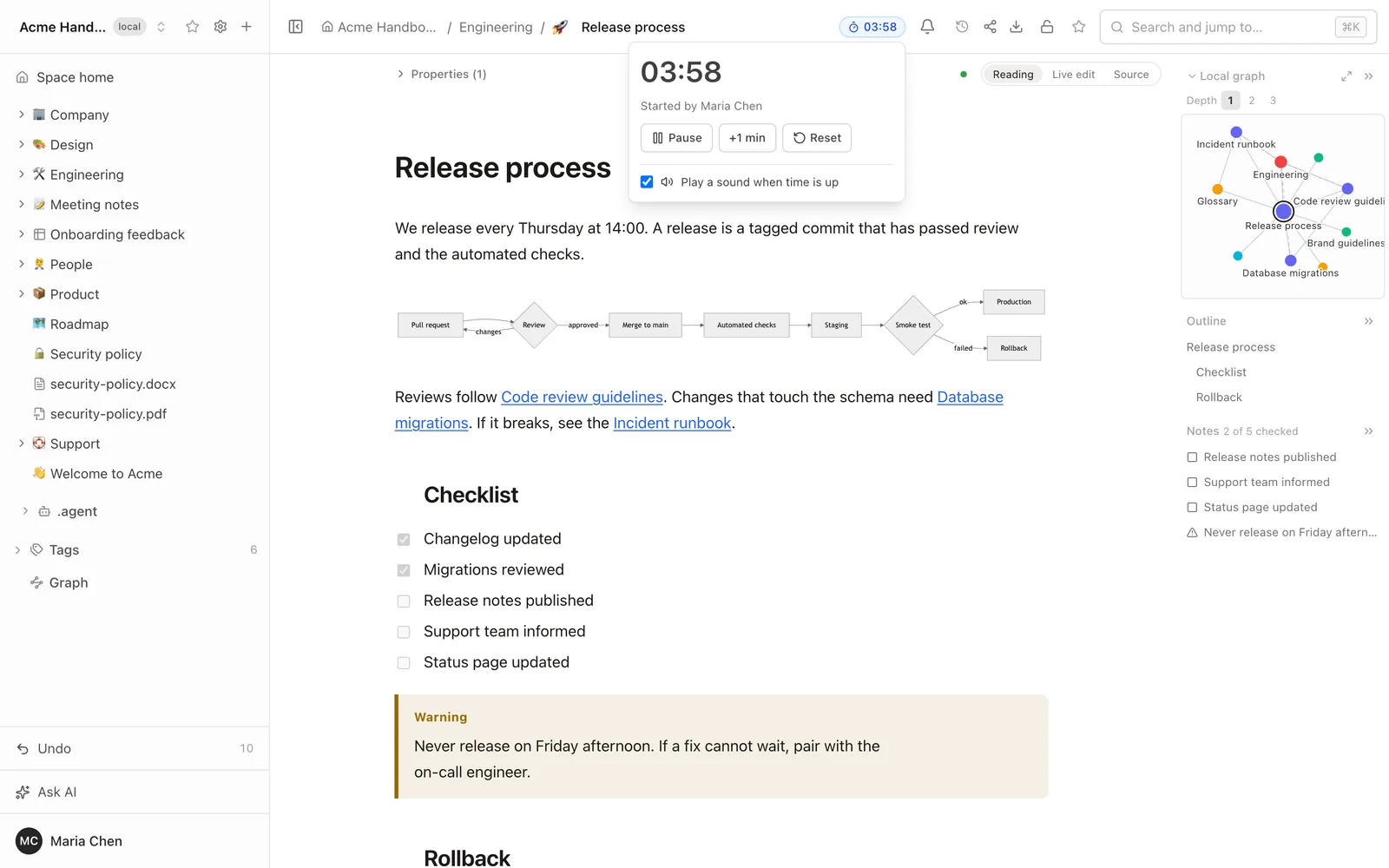 A Folio page with a running shared timer, 03:58, in the header and a popover with Pause, plus one minute and Reset buttons and a Play a sound when time is up checkbox