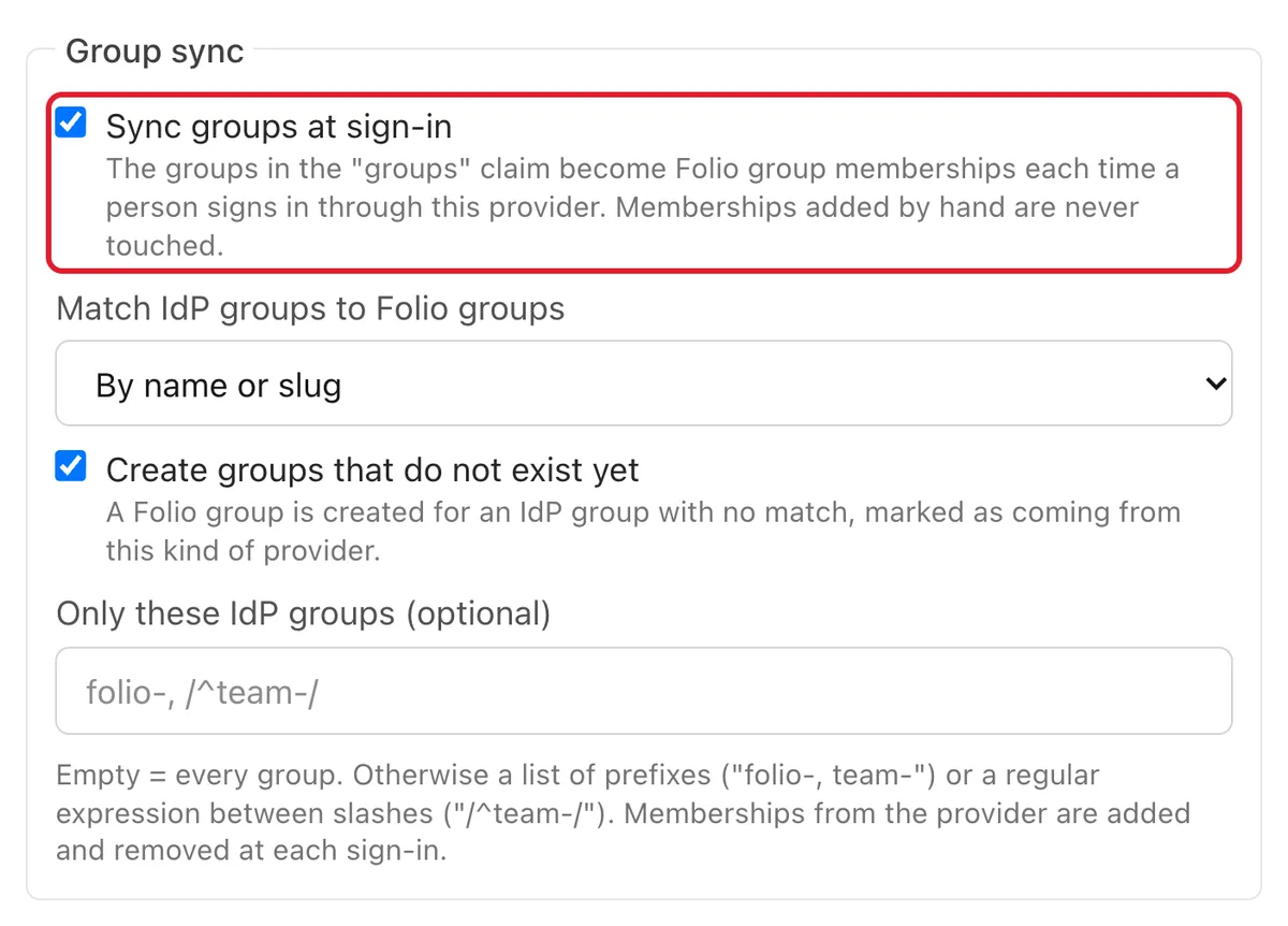 The group sync settings of a Folio sign-in provider: a checked option Sync groups at sign-in, a match setting By name or slug, an option to create groups that do not exist yet and a field for allowed group prefixes