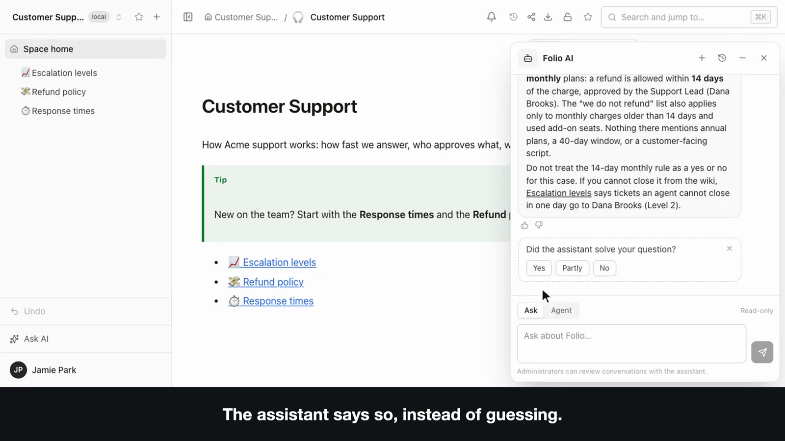 The Folio AI panel after the refund question: the answer says there is no written rule for annual-plan refunds, and under it the panel asks Did the assistant solve your question with Yes, Partly and No
