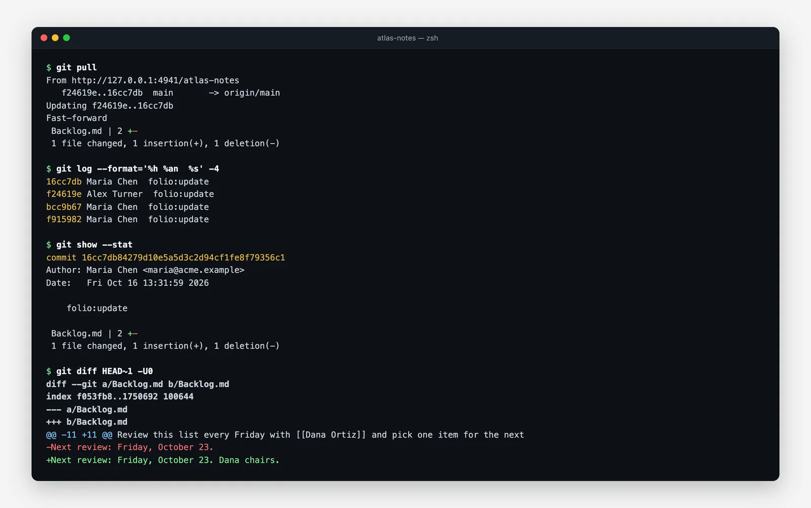A terminal showing git pull, git log with commits named folio:update by Maria Chen and Alex Turner, and a git diff of one line changed in Backlog.md
