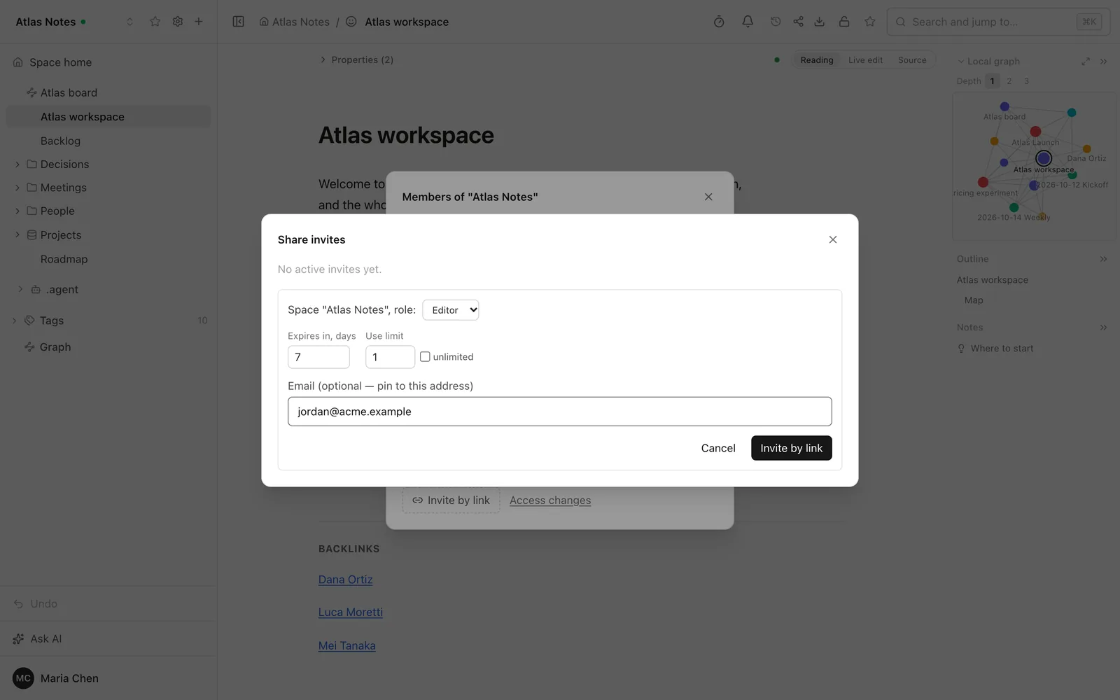 The Share invites dialog in Folio with a role selector set to Editor, an expiry in days, a use limit and an optional email address to pin the invitation to