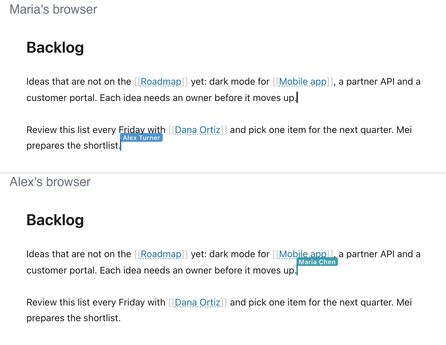 Two browser windows of the same Backlog page in Folio, each showing the other person's cursor with a name label, Alex Turner in the first and Maria Chen in the second