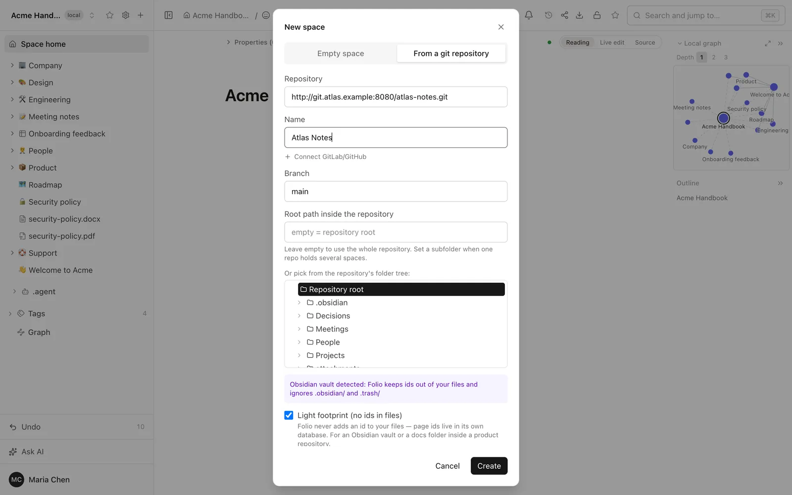 The Folio New space dialog on the From a git repository tab, with a repository address, a branch, a folder tree that includes an obsidian folder, and a notice that an Obsidian vault was detected and ids stay out of the files
