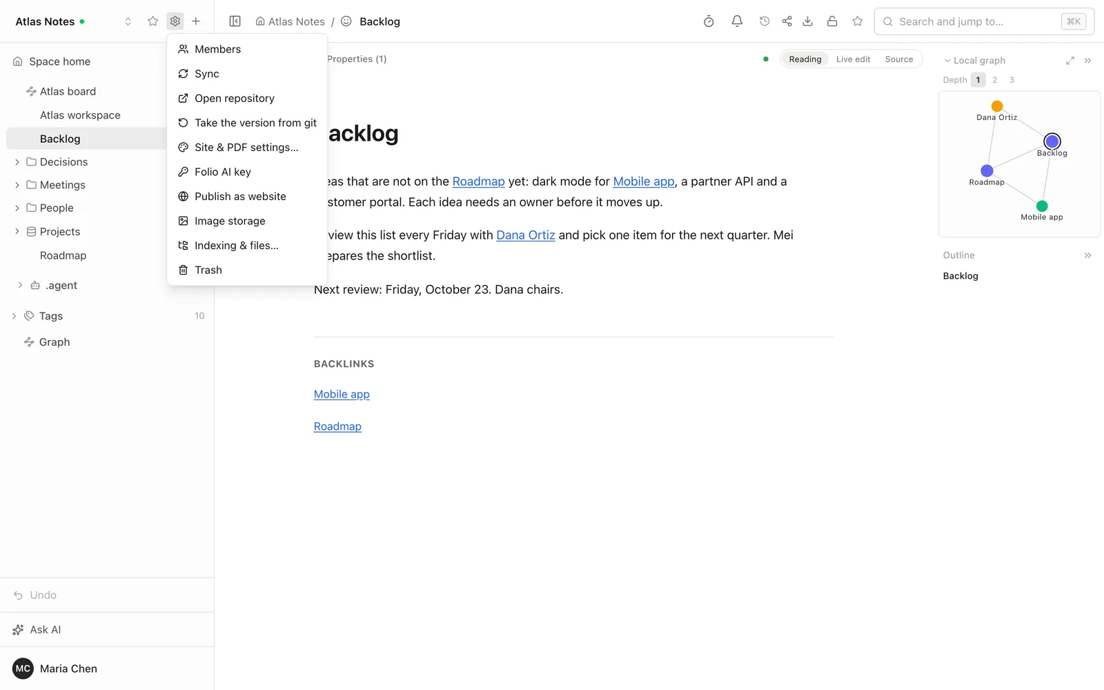 The Folio space menu with Members, Sync, Open repository, Take the version from git, Site and PDF settings, Folio AI key, Publish as website, Image storage, Indexing and files, and Trash