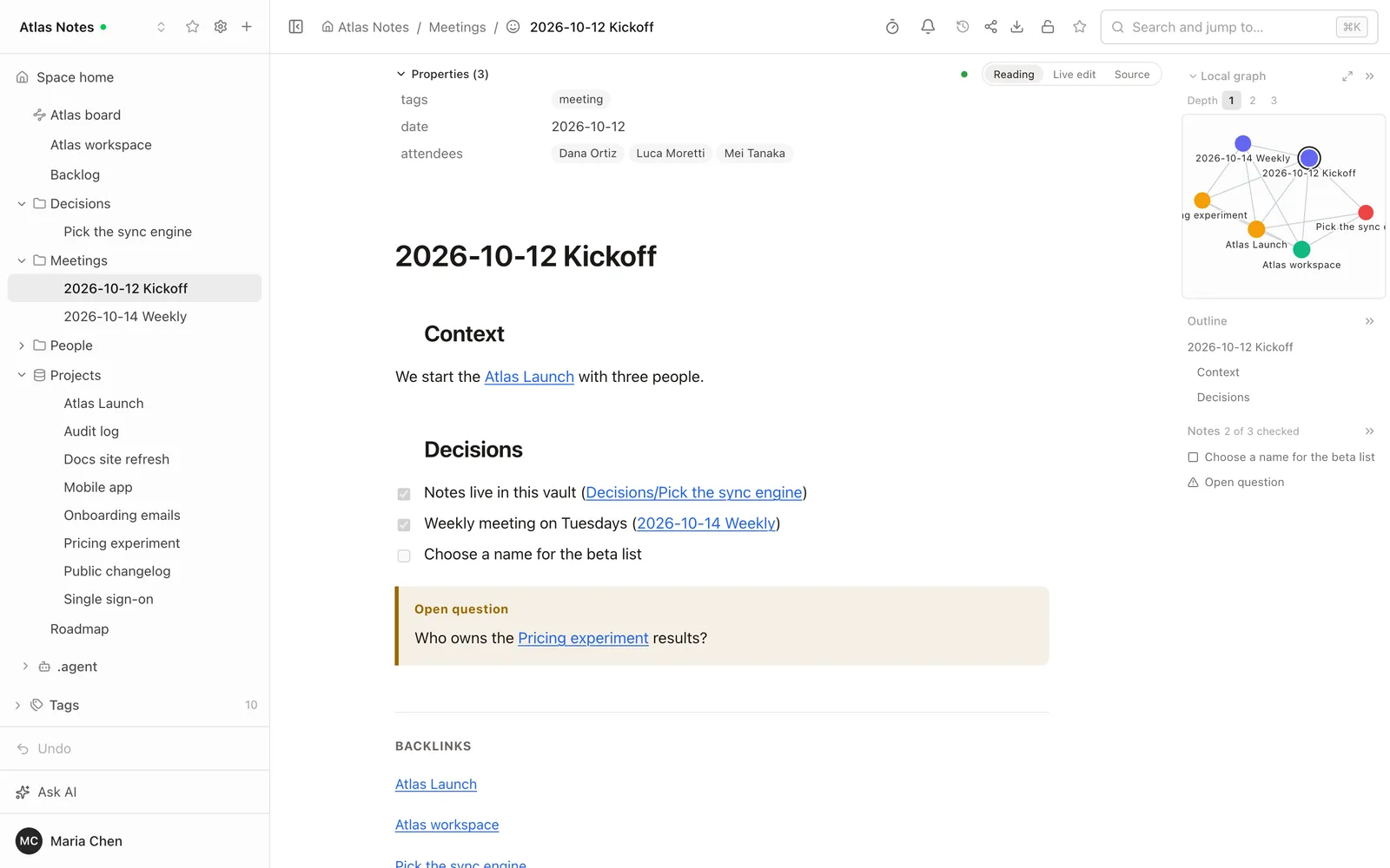 A note from a vault open in Folio: the properties panel with tags, date and attendees, headings, wikilinks drawn as links, a checklist and a callout, with a local graph, outline and backlinks around it